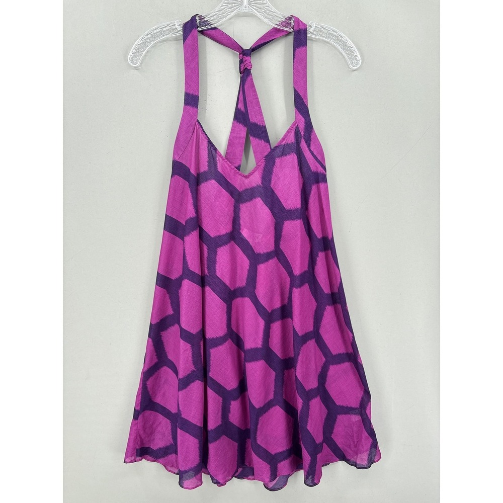 Tibi Dress Small Pink Geometric Cotton Sleeveless V-Neck Strappy Swing Short